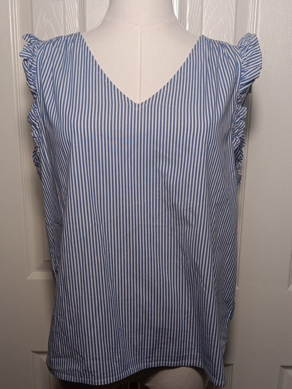 J. Crew Blue and White Pinstripe V-Neck Ruffle-Sleeve Top Size Medium - Picture 3 of 12
